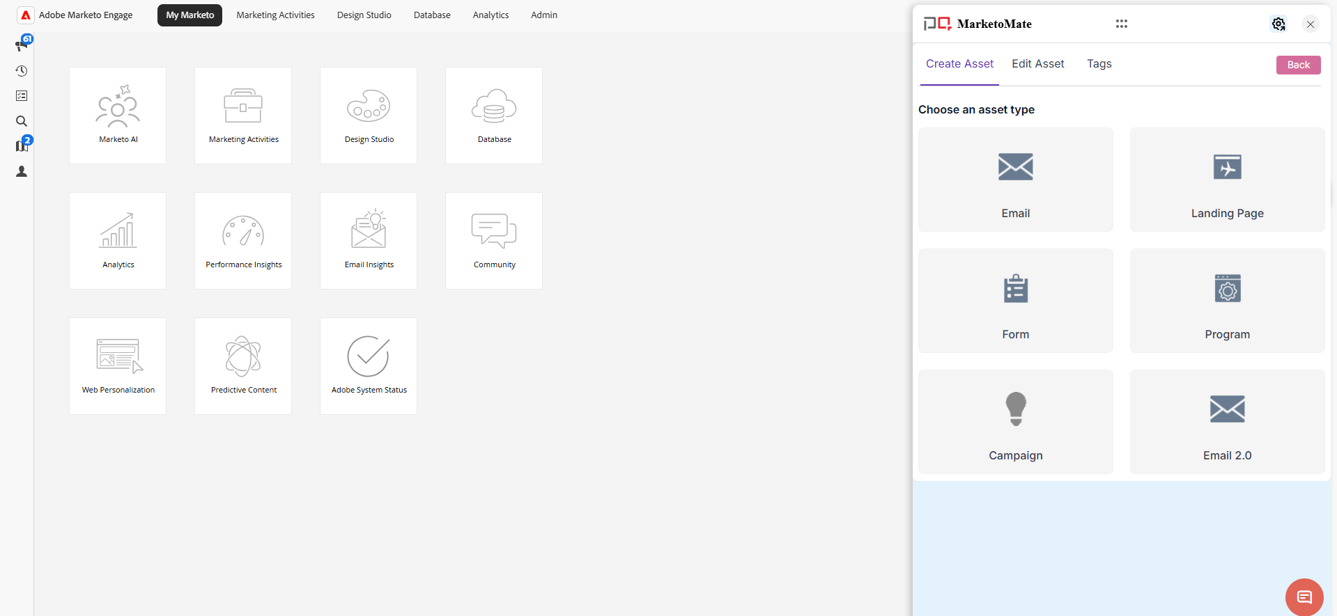 Naming inside Adobe Marketo Engage: the MarketoMate panel creating on-convention assets like email, landing page, form, program and campaign.